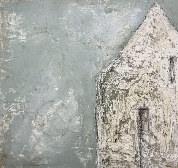 Modern abstract artwork using mixed media using recycled paper and card.