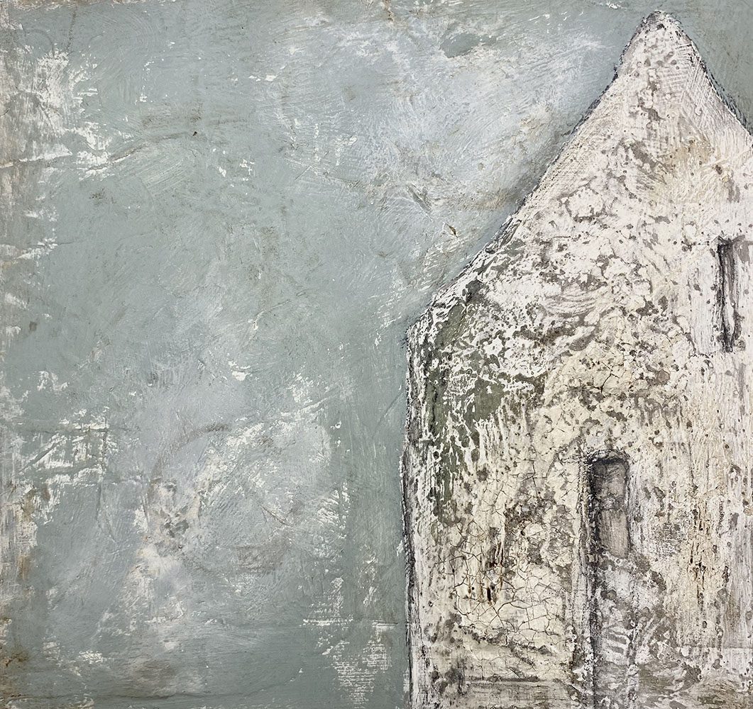 Modern abstract artwork using mixed media using recycled paper and card.